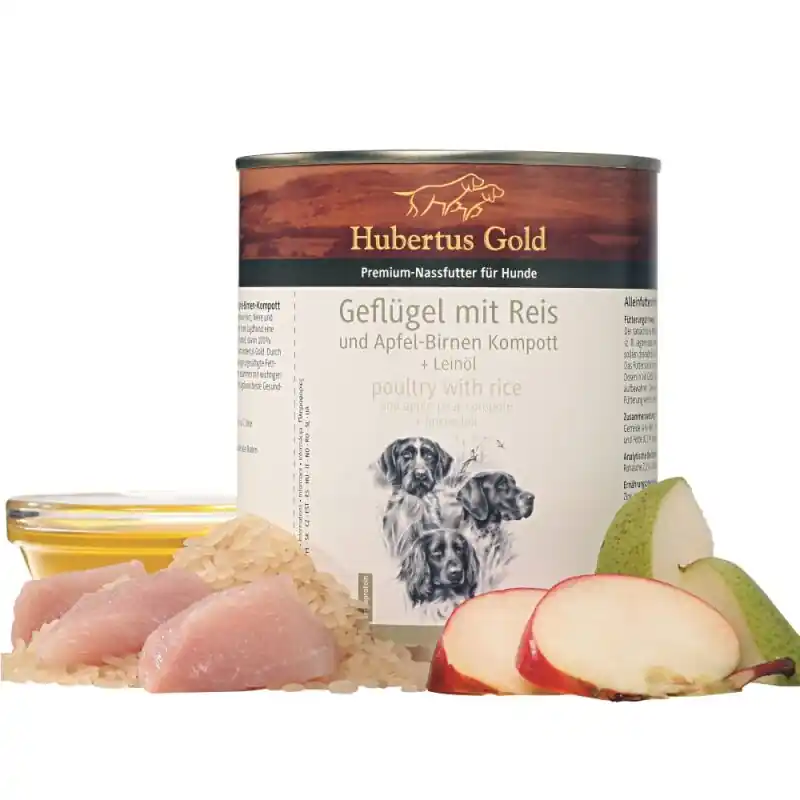 Sichere Zahlung Hubertus Gold Premium-Nassfutter Geflügel mit Reis und Apfel-Birnen Kompott + Leinöl 800g