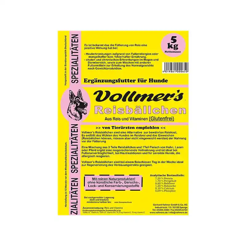 Markenprodukt Vollmer‘s Hunde Nahrungsergänzung Reisbällchen