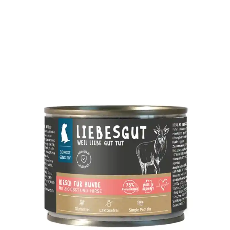 Liebesgut Hundenassfutter Sensitiv Hirsch mit Bio-Obst und Bio-Hirse Rabatt