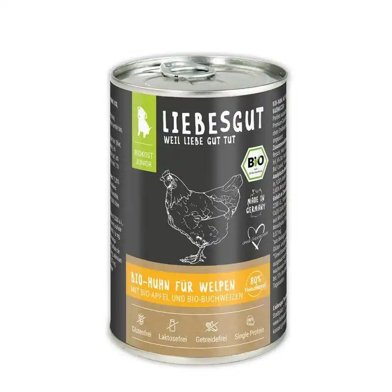 Liebesgut Hundenassfutter Junior Bio Huhn mit Apfel und Buchweizen Finale Aktion