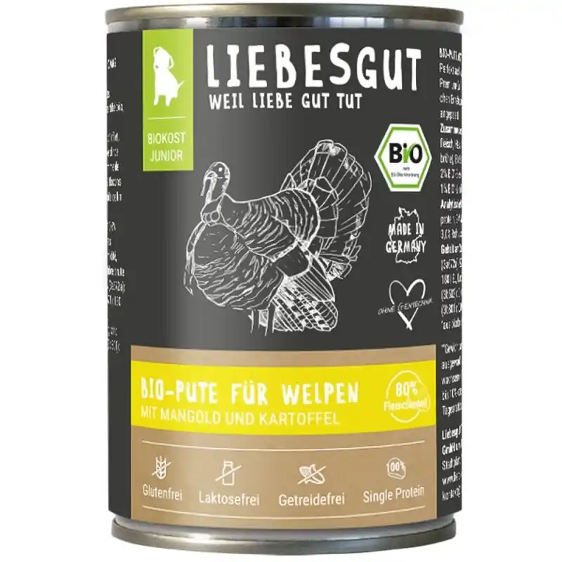 Saisonangebot Liebesgut Hundenassfutter Junior Bio Pute mit Mangold und Kartoffel