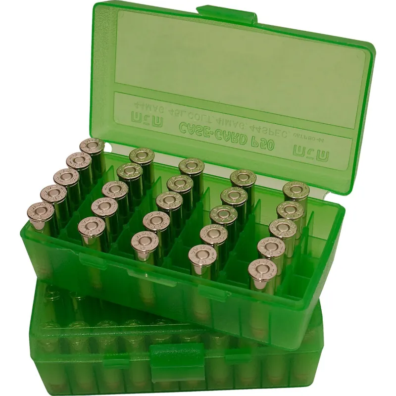 Abverkauf MTM Patronenbox P50-9M mit Klappdeckel – 50 Patronen in 4 Farben