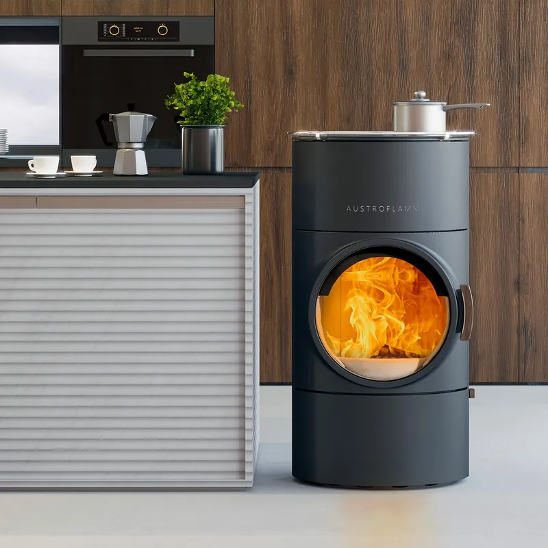Austroflamm Clou compact Cook Kaminofen Stahl gussgrau, RR hinten Echt