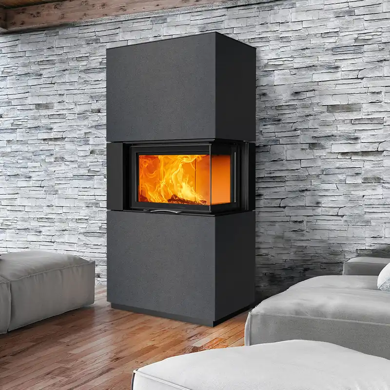 Austroflamm Sam 2.0 Kaminbausatz Eckverglasung rechts mit Schiebetür Beton Anthrazit Mega-Angebot