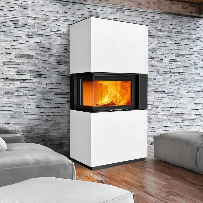 Neu Im Sortiment Austroflamm Sam 2.0 Kaminbausatz Eckverglasung links mit Schiebetür Beton Polar White