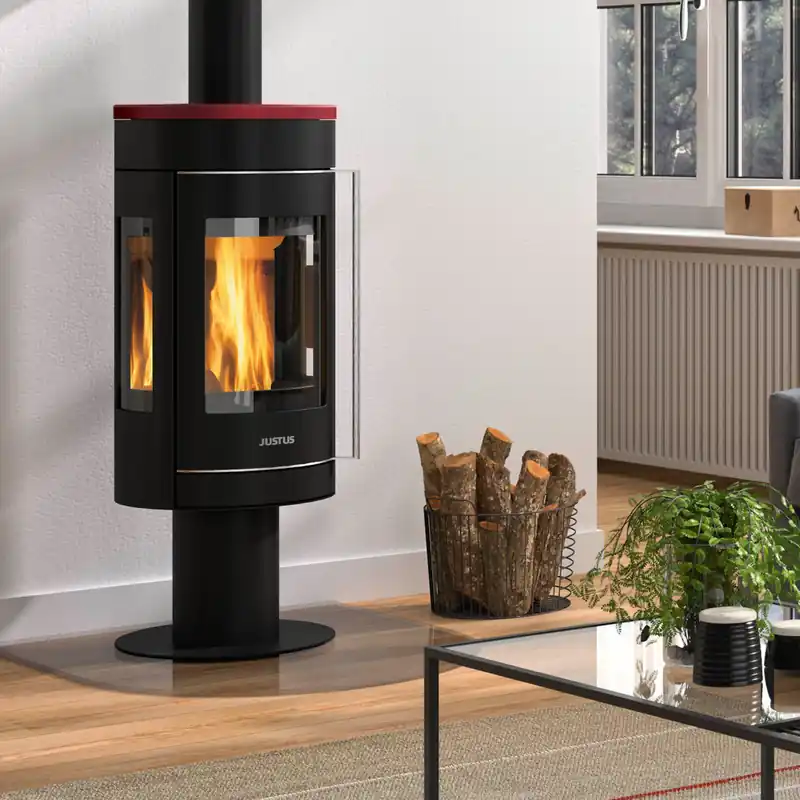 Sonderangebot Justus Meva Kaminofen Stahl Schwarz / Topplatte Keramik Bordeauxrot