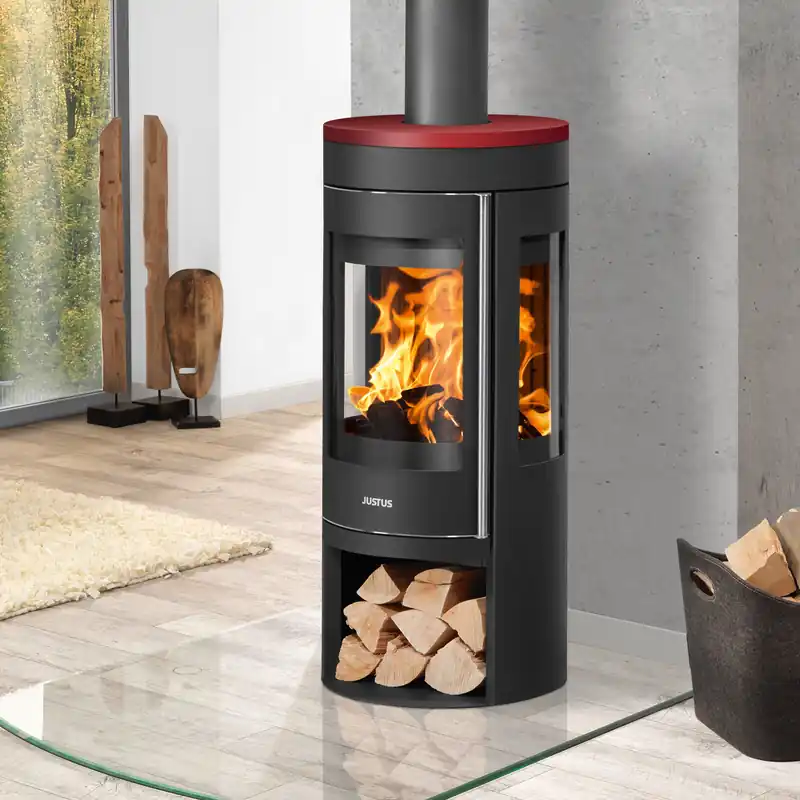 Justus Mino Trios 2.0 Kaminofen Stahl Schwarz mit Keramik-Abdeckplatte Bordeauxrot Saisonangebot