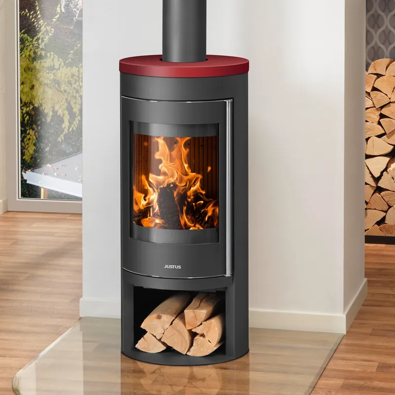 Top-Preis Justus Mino 2.0 Kaminofen Stahl Schwarz mit Keramik-Abdeckplatte Bordeauxrot
