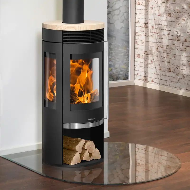 Markenprodukt Oranier Rota TRE 2.0 Kaminofen Stahl Schwarz mit Sandstein-Abdeckplatte