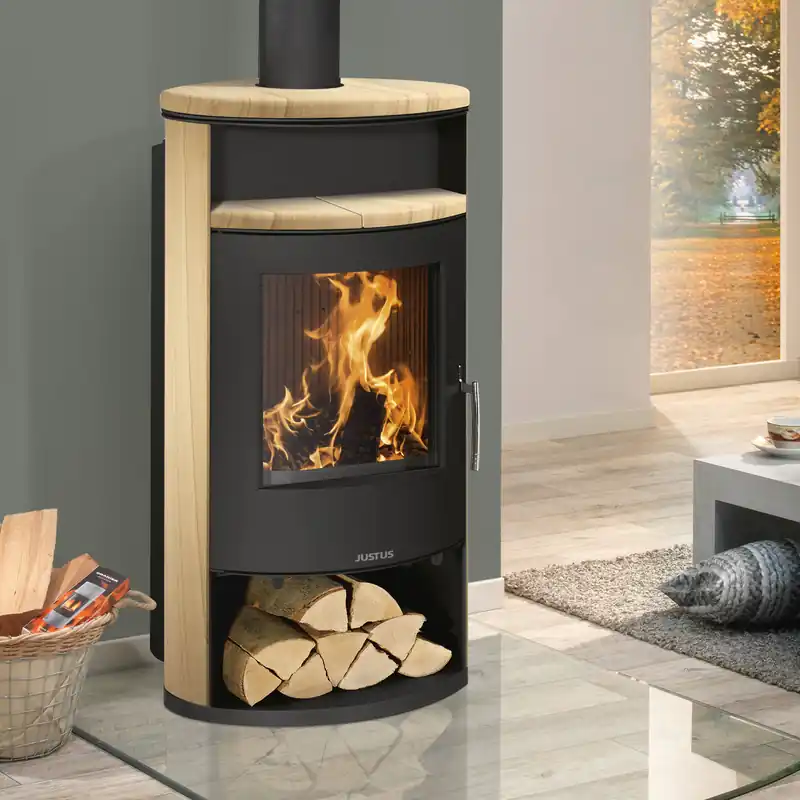 Neue Kollektion Justus Island Aqua II Wasserführender Kaminofen Stahl Schwarz / Sandstein