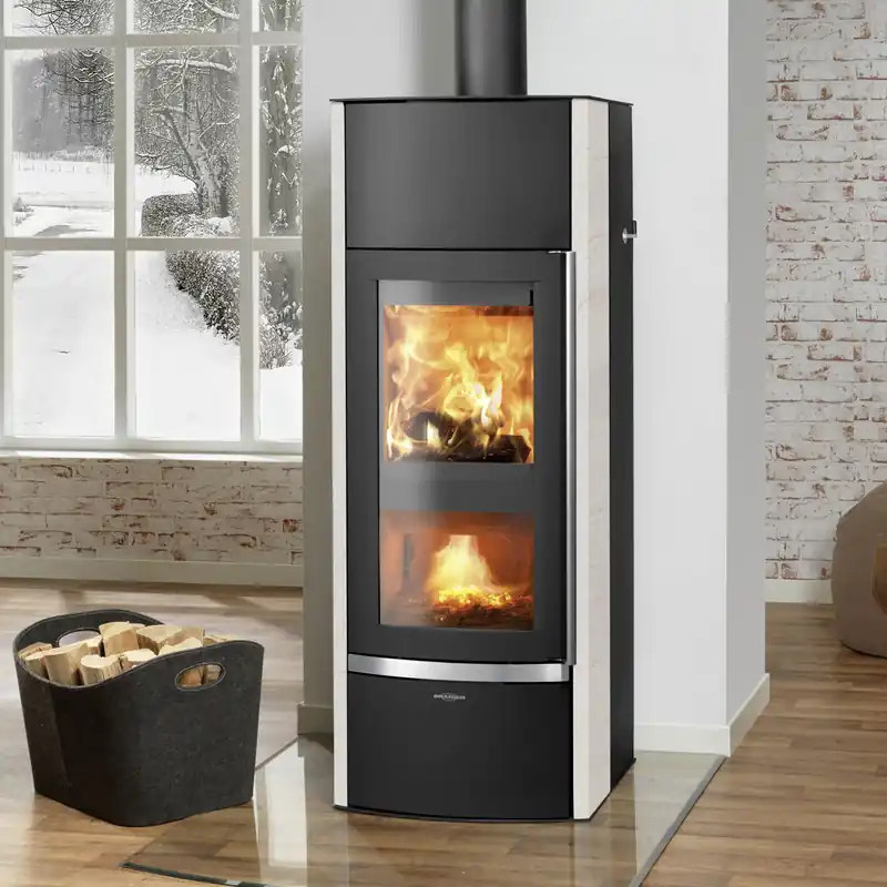 Oranier Hektos Aqua Wasserführender Holzvergaserofen Stahl Schwarz / Kalkstein Creme Sonderangebot