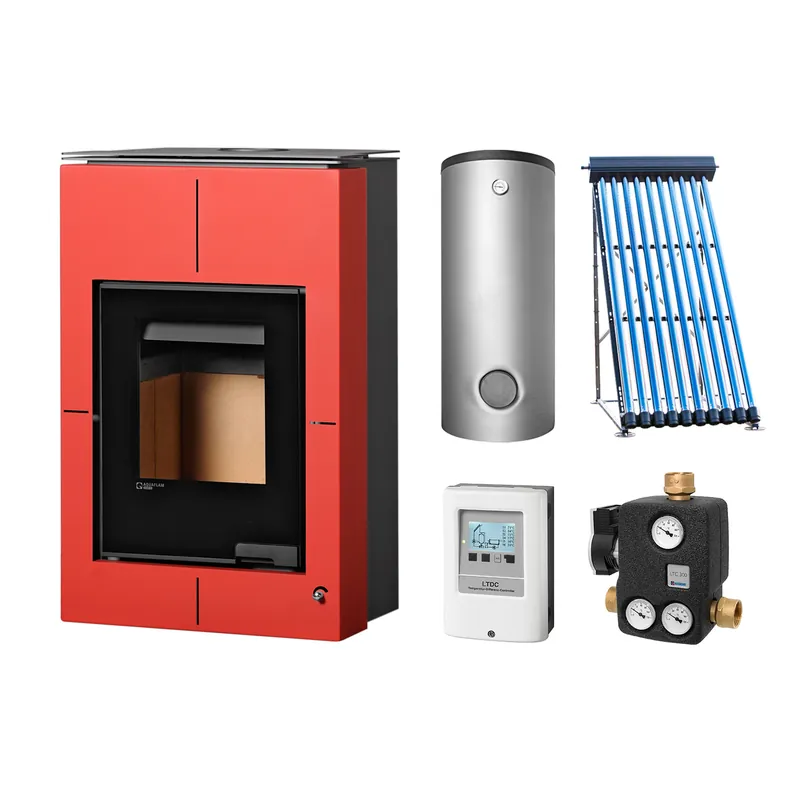 Garantierte Lieferung Aquaflam Vario Saporo Basic Red Set + Solarthermie-Set 2 (11 m²) + Kombispeicher THKE 600 + SWT
