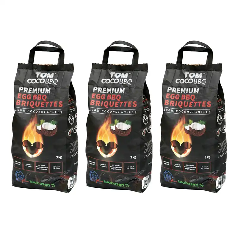 TOM COCO Grill-Kokoskohle Briketts, Eiform, 3 x 3 kg (9 kg) Solange Der Vorrat Reicht