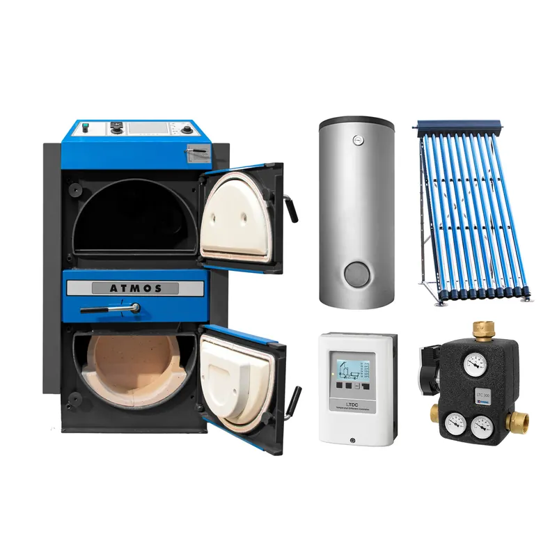 Ausverkauf ATMOS KC 45 S Set + Solarthermie-Set 2 (11 m²) + 2 Pufferspeicher 825 L + Hygienespeicher SHS 900 + SWT