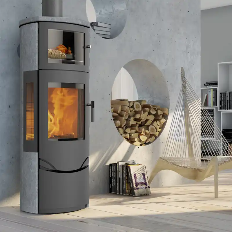 Sale Lotus Prio 7M Kaminofen Grau/ Speckstein/ Seitenglas, Rauchabgang oben