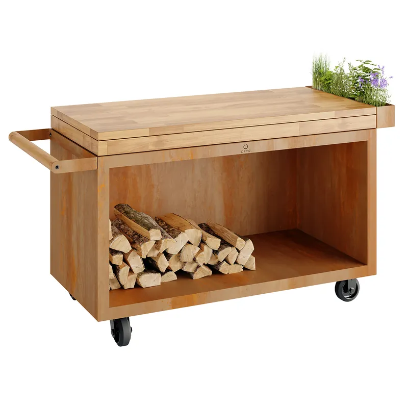 Sonderaktion OFYR Sockel Corten 135 PRO mit Arbeitsplatte Teakholz