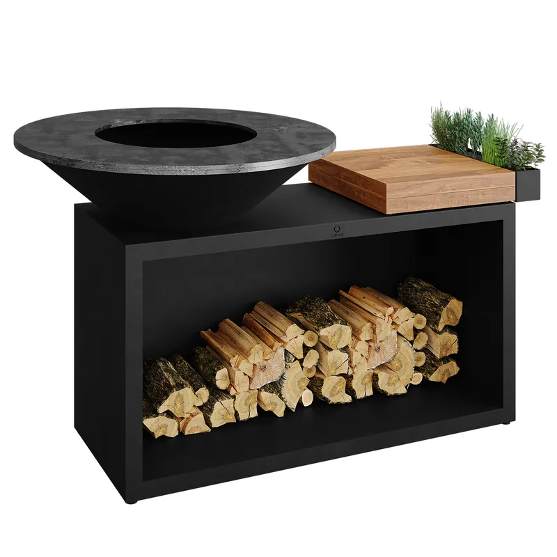 Top-Angebot OFYR Island Black 100 Grill & Feuerstelle mit Arbeitsplatte Teakholz