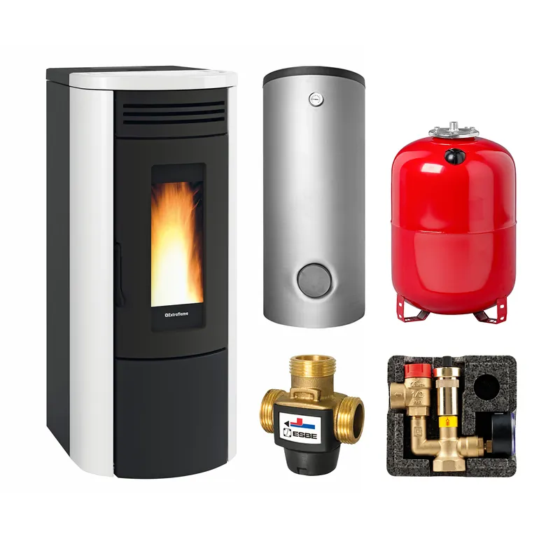Top-Seller Extraflame COSTANZA IDRO 16 wasserführender Pelletofen weiß - THKE/F 600 Kombi-Speicher montiert silber -Heizungsausdehnungsgefäß 80 L