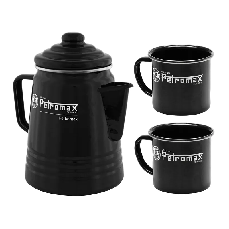 Highlight Petromax Perkolator Perkomax + 2 Emaille-Becher Schwarz