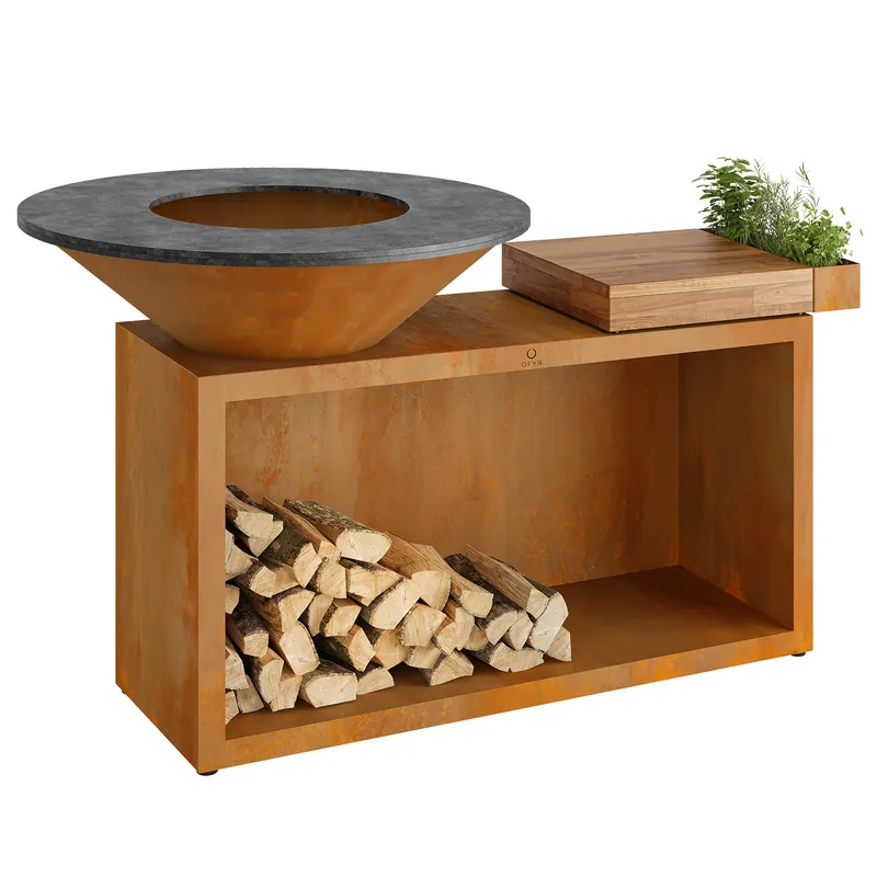 Sale OFYR Island Corten 100 Grill & Feuerstelle mit Arbeitsplatte Teakholz