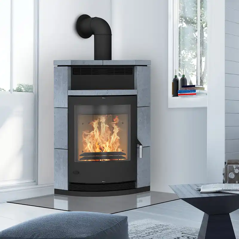 Preisknaller Fireplace Lyon Eckkaminofen Stahl Schwarz Speckstein