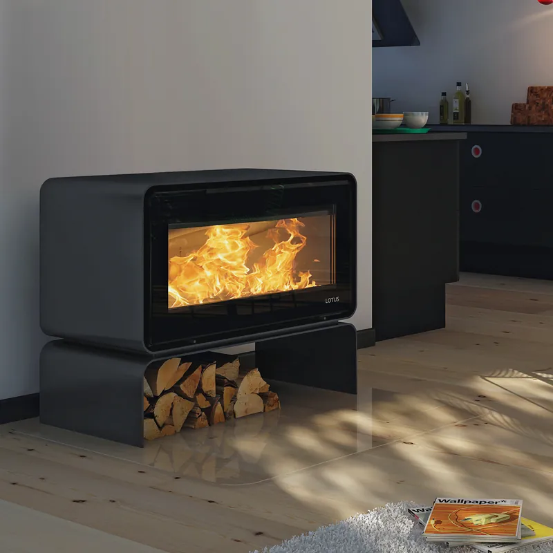 Aktuell Lotus Living Base Kaminofen Ocean Dark, Rauchabgang hinten