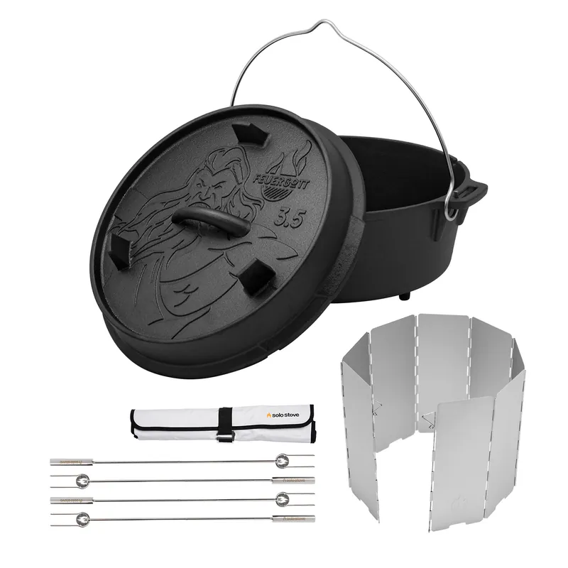 FEUERGOTT Dutch Oven 3,5 l mit Füßen + Solo Stove Grillspieße + Windschutz Sonderangebot