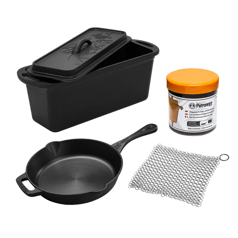Nur Heute FEUERGOTT Feuerpfanne 25 mit Stiel Schwarz + Kastenform 2.5 + Ringreiniger + Pflegepaste