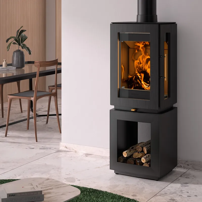 Hergom Glow Kaminofen Gusseisen Schwarz mit Holzlagerfach Jetzt Bestellen