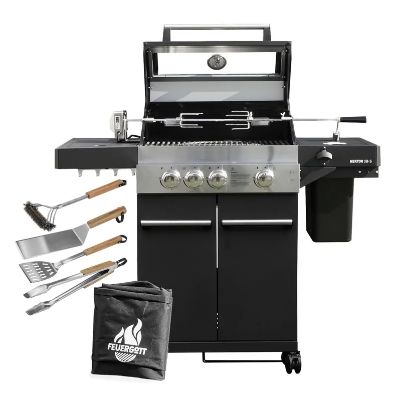 Garantierte Lieferung Feuergott Gas-Grillstation Hektor 3B-S All Inclusive mit Abdeckhaube, Drehspieß und 4-teiligem Grillbesteck