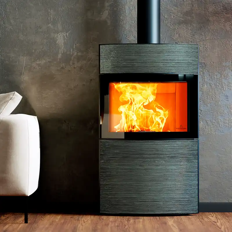 Austroflamm Fynn Xtra 2.0 Kaminofen Stahl Schwarz / Keramik Turmalin Rille Glänzend Nur Für Kurze Zeit