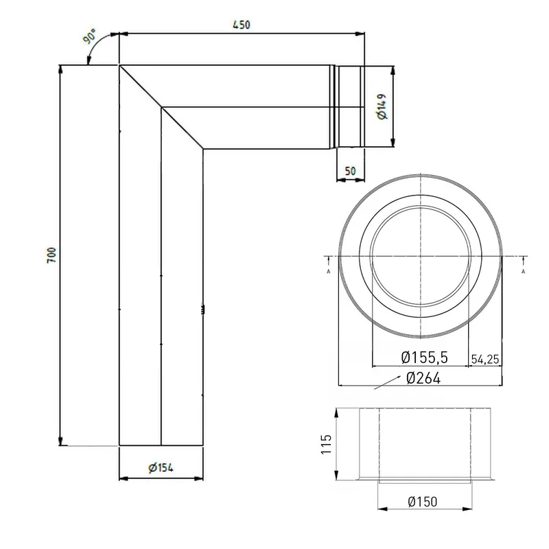 Aktuell Raik Lifestyle Set Winkelbogen 150mm grau 90° 2-tlg mit Tür (700x450) für Rauchrohr / Ofenrohr