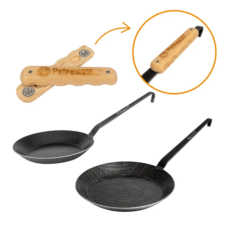 Aktuell Petromax Pfannen-Set Schmiedeeisen und Holzgriff
