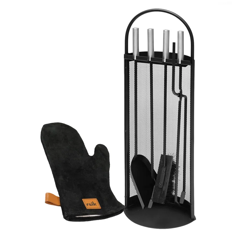 Direktkauf Kaminbesteck Albert mit Raik Kaminhandschuh Rindsleder, 4-teilig, schwarz, Edelstahlgriffe, 66 cm