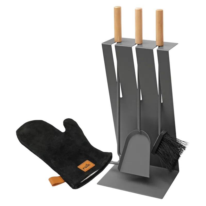 Raik Kaminbesteck Gustav 3-teilig mit Raik Kaminhandschuh, Anthrazit, Holzgriffe , 60cm Zertifiziert