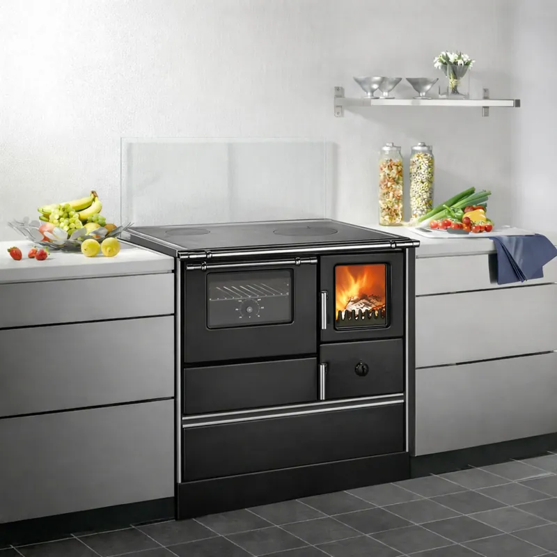 Markenprodukt Westminster Holzherd Style 70 schwarz mit geschliffener Herdplatte und Edelstahlherdrahmen Rauchrohranschluss links