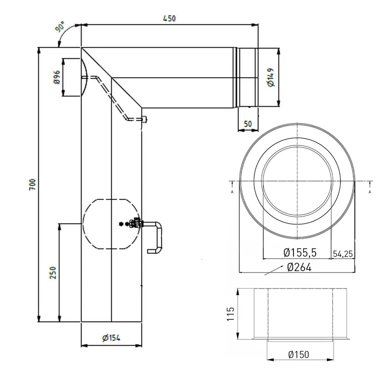Raik WBG Set Lifestyle Durchmesser 150/90° 2,00mm 2-tlg 700/450 mit eingelegter Tür, mit DKL mit Dichtung grau für Rauchrohr/ Ofenrohr Super-Preis