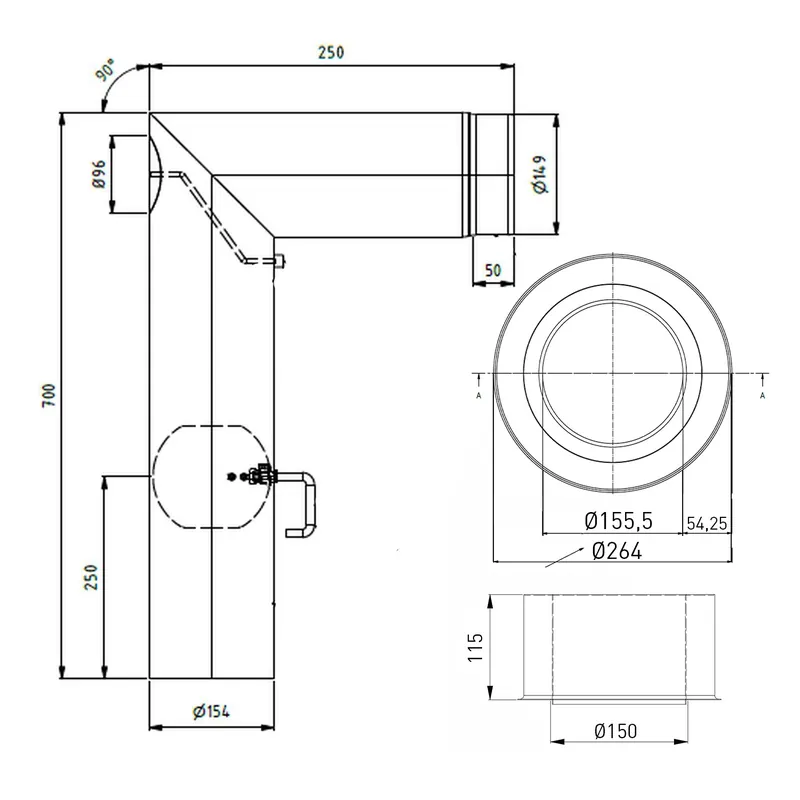Mega-Angebot Raik WBG Set Lifestyle Durchmesser 150/90° 2,00mm 2-tlg 700/250 mit eingelegter Tür, mit DKL mit Dichtung grau für Rauchrohr/ Ofenrohr