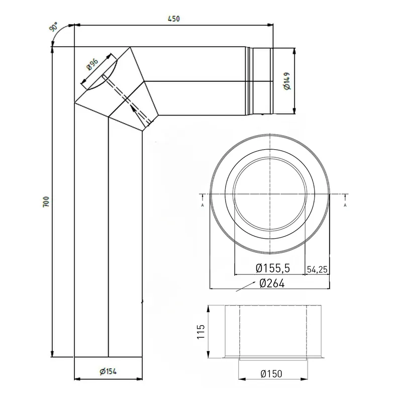Wochenendangebot Raik WBG Set Lifestyle Durchmesser 150/90° 2,00mm 3-tlg 700/450 mit eingelegter Tür mit Dichtung schwarz für Rauchrohr/ Ofenrohr