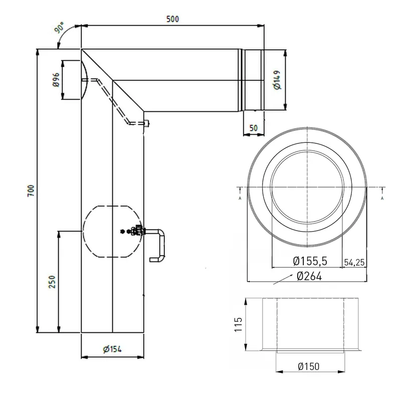 Online Kaufen Raik WBG Set Lifestyle Durchmesser 150/90° 2,00mm 2-tlg 700/500 mit eingelegter Tür, mit DKL mit Dichtung grau für Rauchrohr/ Ofenrohr