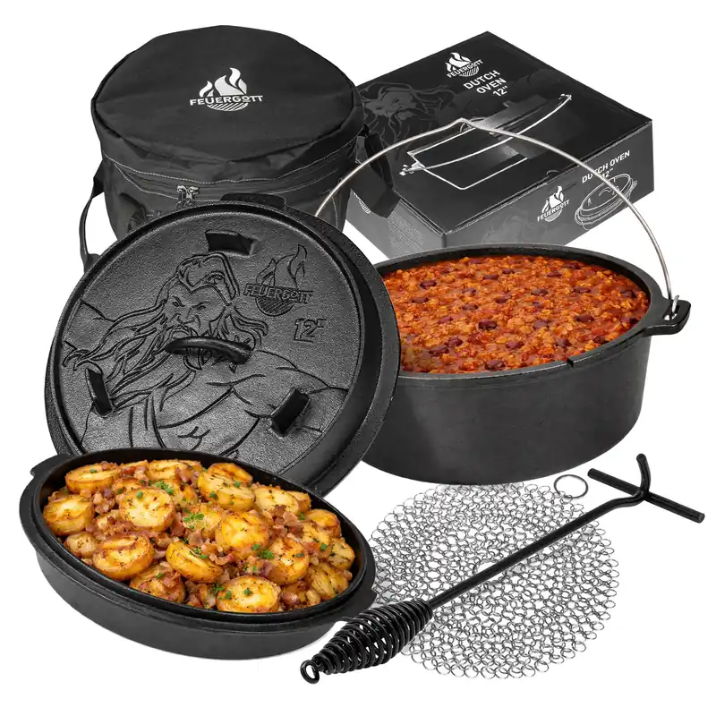 Feuergott Dutch Oven Set 6 l mit Deckelheber Ringreiniger Transporttasche Knallerangebot