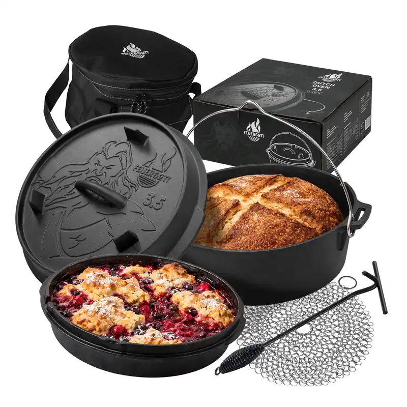 Feuergott Dutch Oven Set 3,5 l Gusseisen Feuertopf ohne Füße Schwarz mit Deckelheber Ringreiniger Transporttasche Outdoor Topf für Grill Feuerstelle Camping Bestseller