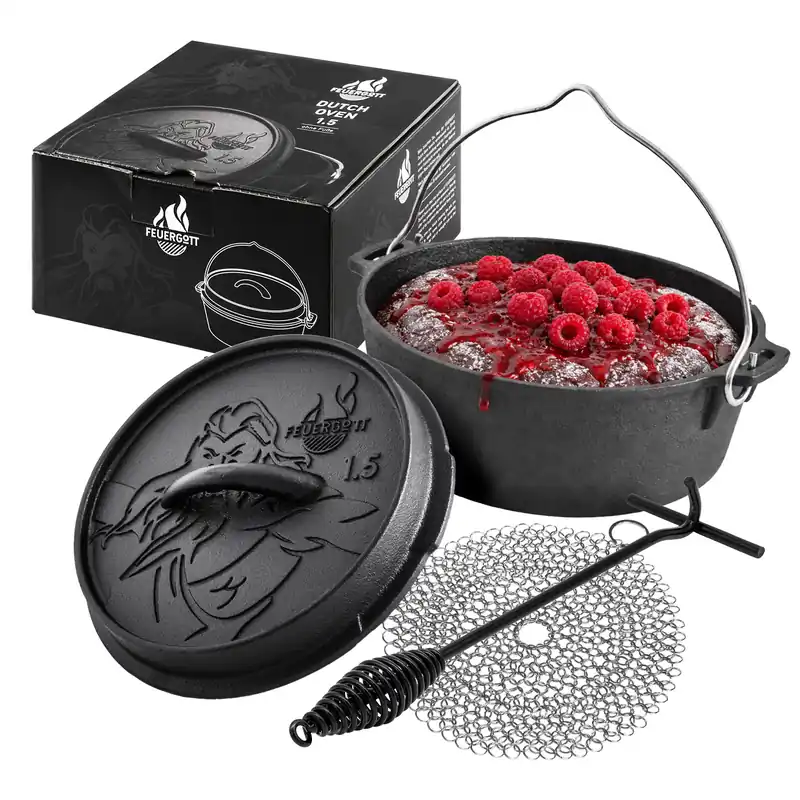 FEUERGOTT Dutch Oven 1,5 l im Set mit Ringreiniger und Deckelheber Meistverkauft