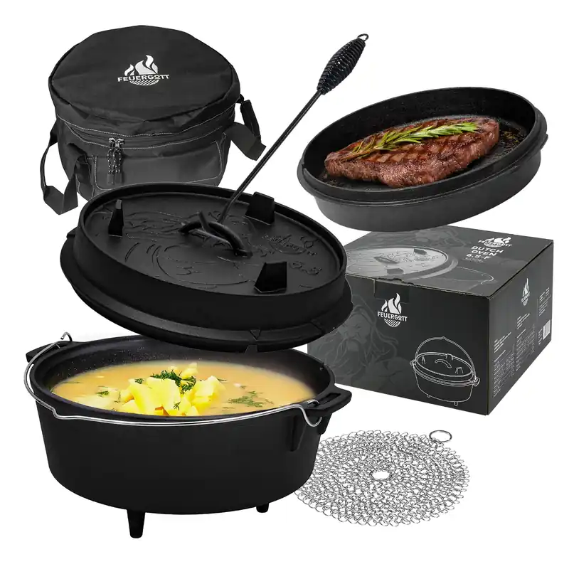 FEUERGOTT Dutch Oven 6,5 l mit Füßen im Set mit Tasche, Deckelheber und Ringreiniger Bestseller