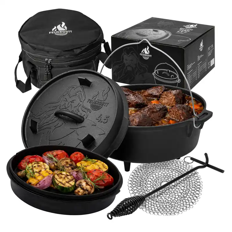 FEUERGOTT Dutch Oven 4,5 l mit Füßen im Set mit Tasche, Deckelheber und Ringreiniger Angebot