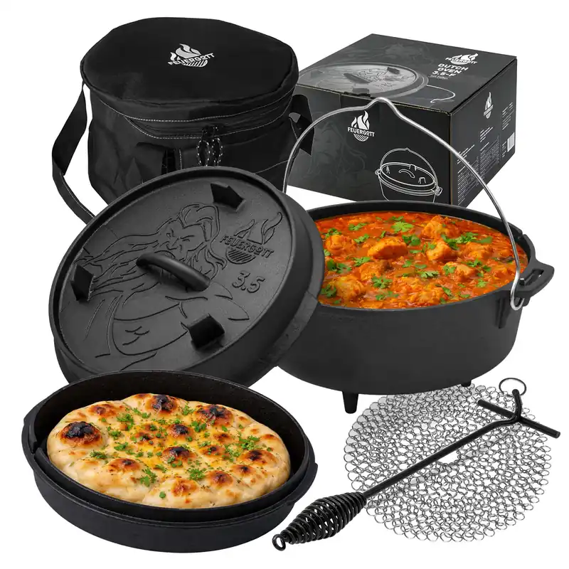 Angebot FEUERGOTT Dutch Oven 3,5 l mit Füßen im Set mit Tasche, Deckelheber und Ringreiniger
