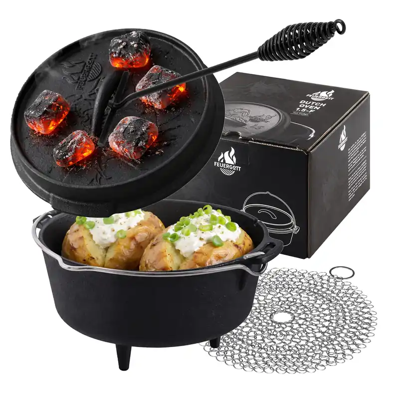 FEUERGOTT Dutch Oven 1,5 l mit Füßen im Set mit Deckelheber und Ringreiniger Garantierte Lieferung