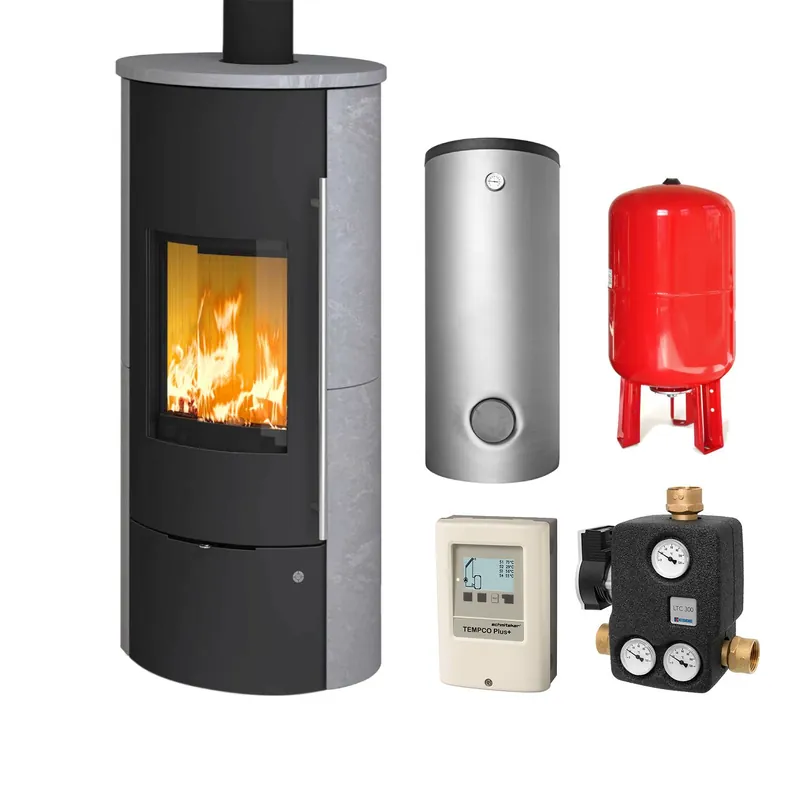 Olsberg Tolima Aqua II Compact Stahl schwarz/ Naturstein Set + Pufferspeicher TPSM 500 Neue Kollektion