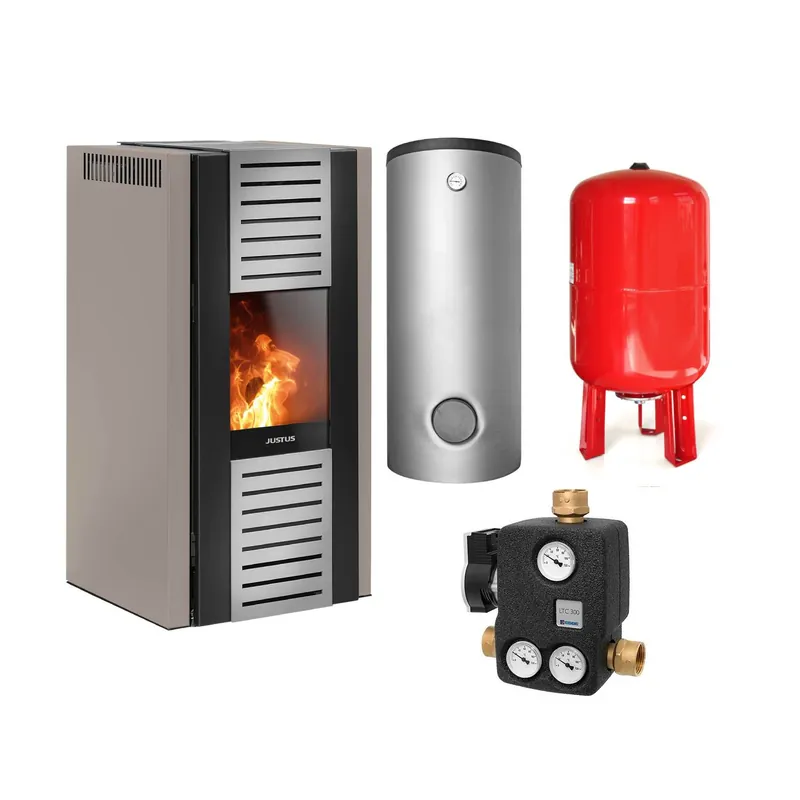 Justus Sirkos Aqua 2.0 wasserführender Pelletofen Stahl Taupe - THKE 600 Kombi-Speicher montiert silber 1x WT - Heizungsausdehnungsgefäß 80 L Preiswert