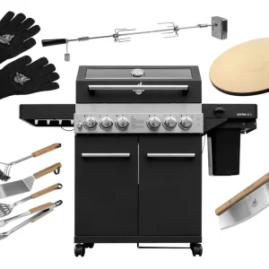 Neu FEUERGOTT Gas-Grillstation Hektor 4B-S Pizza Set mit Abdeckhaube, Drehspieß, Pizzastein, Grillutensilien, Pizzaschneider, Infrarotbrenner, Heckbrenner, Seitenkocher